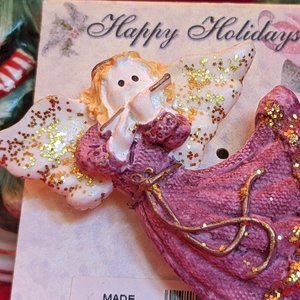 Lovely Vtg Resin Flute Playing Angel Pin Unique Purple Color Dress With Glitter